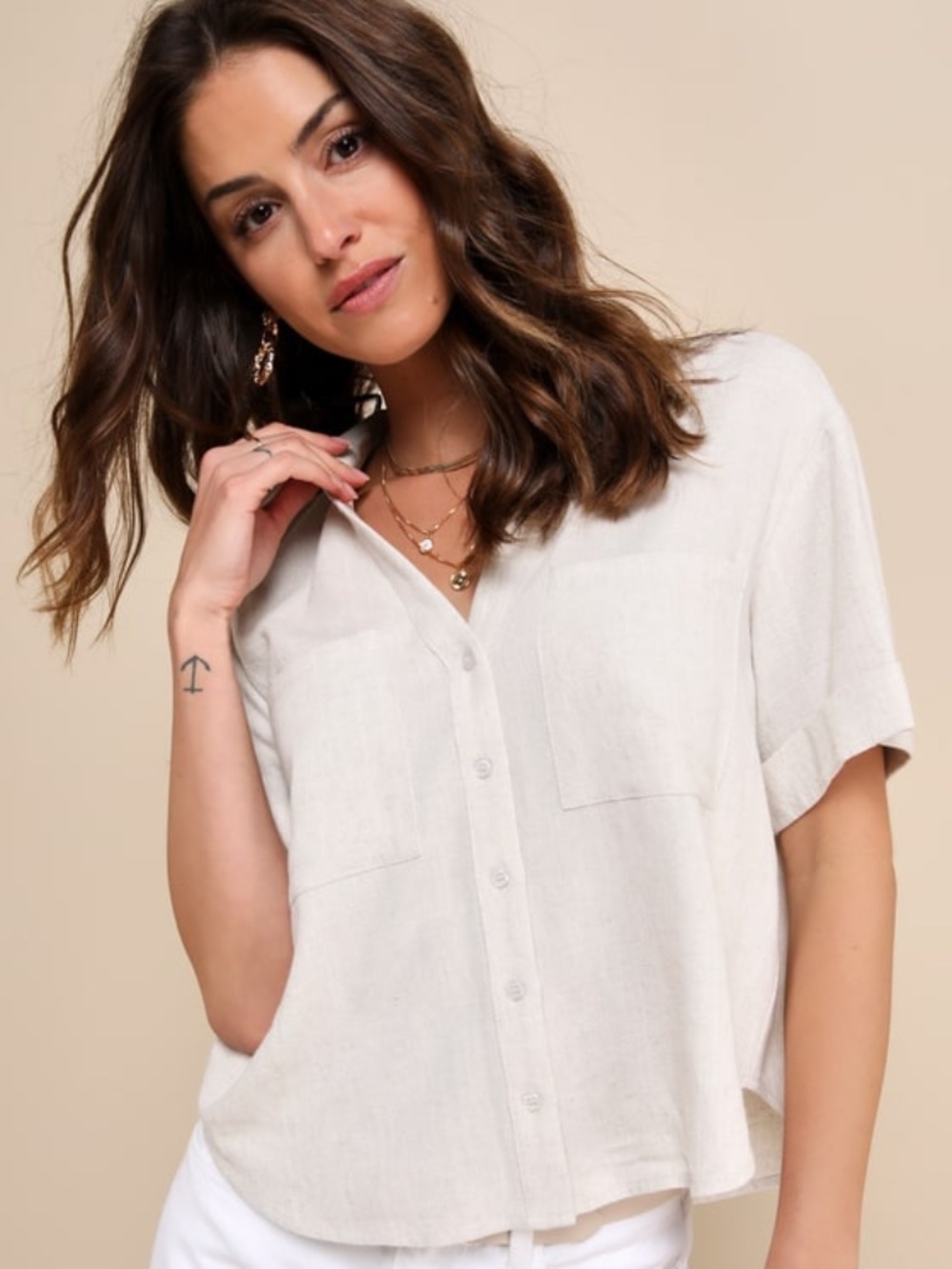 Lulus Summer Escapades Beige Linen Collared Button-up Top - Size M